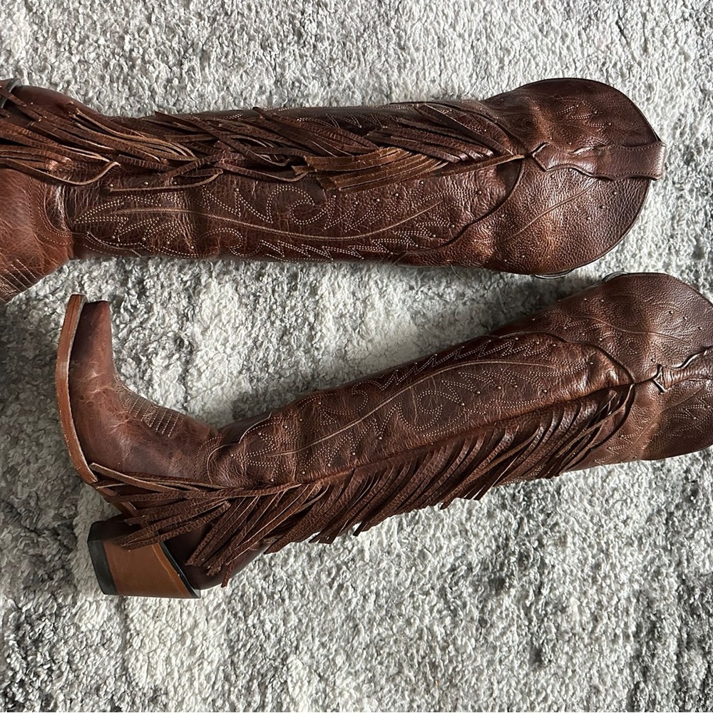 Brown Leather Fringe Cowboy Boots